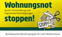 Die Grafik mit der Aufschrift „Wohnungsnot durch Umwandlung und Eigenbedarfskündigungen stoppen“ zeigt ein Wohnhaus, das mit einer Schere zerschnitten wird. Im Vordergrund sieht man ein Schild mit der Aufforderung „STOPP!“.