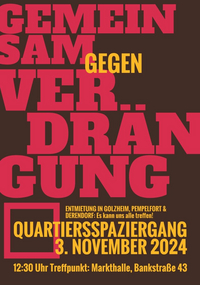 Auf der Grafik stehen die Worte „ Gemeinsam gegen Verdrängung“. Hiermit wird zum sogenannten Quartierssparziergang eingeladen.