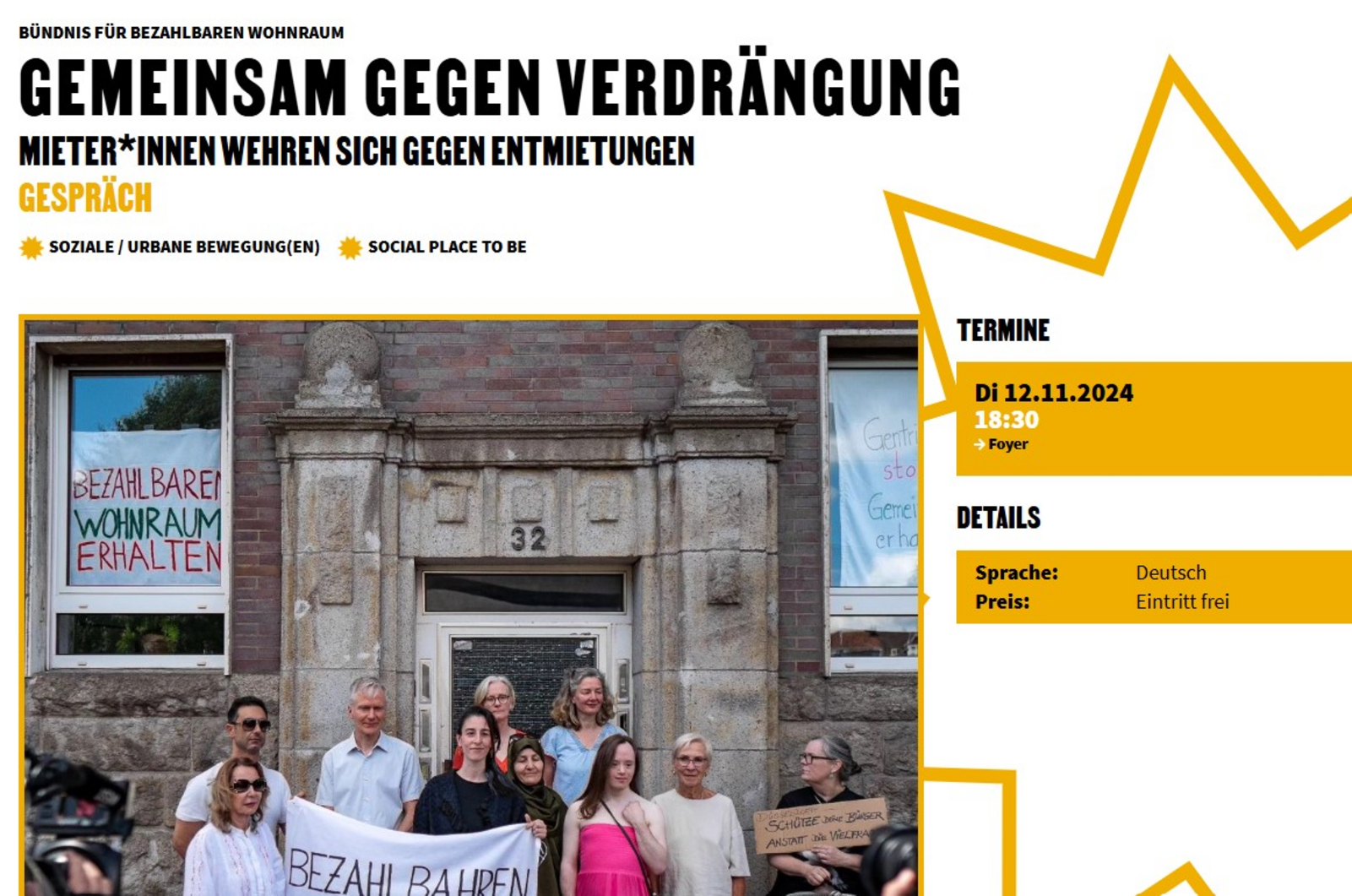 Foto zeigt Mieter*innen der Mauerstr. 32 aus Düsseldorf, die von einem renditeorientierten Investor eine sogenannte Verwertungskündigung erhalten haben. Es wird ein Transparent mit der Aufschrift „Bezahlbaren Wohnraum erhalten“ hochgehalten.