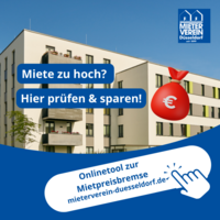 Auf der Grafik ist eine Gebäudekomplex dargestellt Auf dem Gebäudekomplex stehen die Worte „Miete zu hoch? Hier prüfen und sparen!“. Außerdem befindet sich dort ein abgebildeter Geldsack mit einem Euro-Zeichen. Hiermit soll für das Online Tool Mietpreisbremse geworben werden.