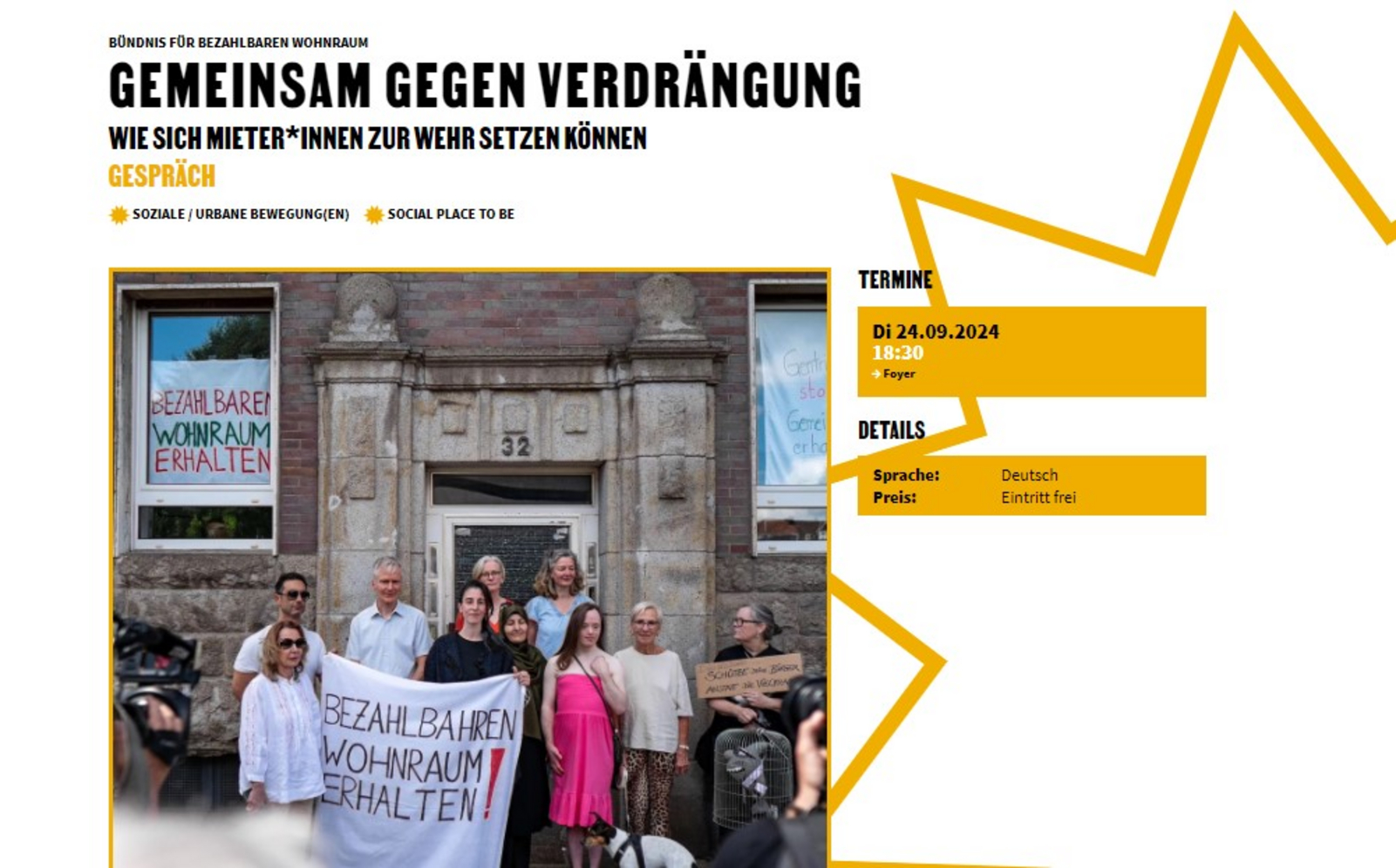 Das Foto zeigt Mieter*innen der Mauerstr. 32 aus Düsseldorf, die von einem renditeorientierten Investor eine sogenannte Verwertungskündigung erhalten haben. Es wird ein Transparent mit der Aufschrift „Bezahlbaren Wohnraum erhalten“ hochgehalten.
