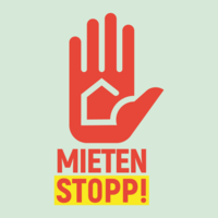 Die Grafik zeigt eine erhobene Hand, die Einhalt gebieten soll. Diese Hand ist die sogenannte „Mietenstopp-Hand“. Es handelt sich um das Logo der Mietenstoppkampagne.