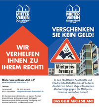 Auf dem Flyer ist ein Verkehrsschild abgebildet, auf dem ein Fuß auf eine Bremse tritt. Über dem Schild steht die Überschrift „Verschenken Sie kein Geld!“ und unter dem Schild steht „Mietpreisbremse“. Mit diesem Flyer will der Mieterverein Düsseldorf die Mieter*innen über ihre Rechte informieren.