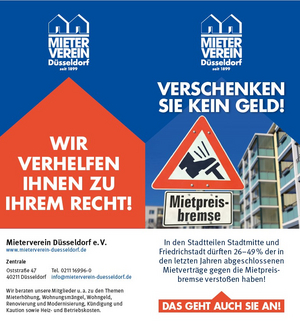 Auf dem Flyer ist ein Verkehrsschild abgebildet, auf dem ein Fuß auf eine Bremse tritt. Über dem Schild steht die Überschrift „Verschenken Sie kein Geld!“ und unter dem Schild steht „Mietpreisbremse“. Mit diesem Flyer will der Mieterverein Düsseldorf die Mieter*innen über ihre Rechte informieren.