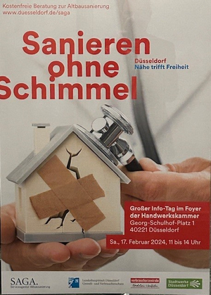 Auf der Grafik zur Einladung wird ein beschädigtes Wohnhaus gezeigt, das mit einem Pflaster geklebt wurde. Darüber steht „sanieren ohne Schimmel“.